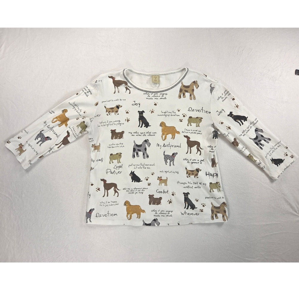 Jess & Jane White Dog Print Pet Lover 3/4 Pull over cotton t-shirt Women Large